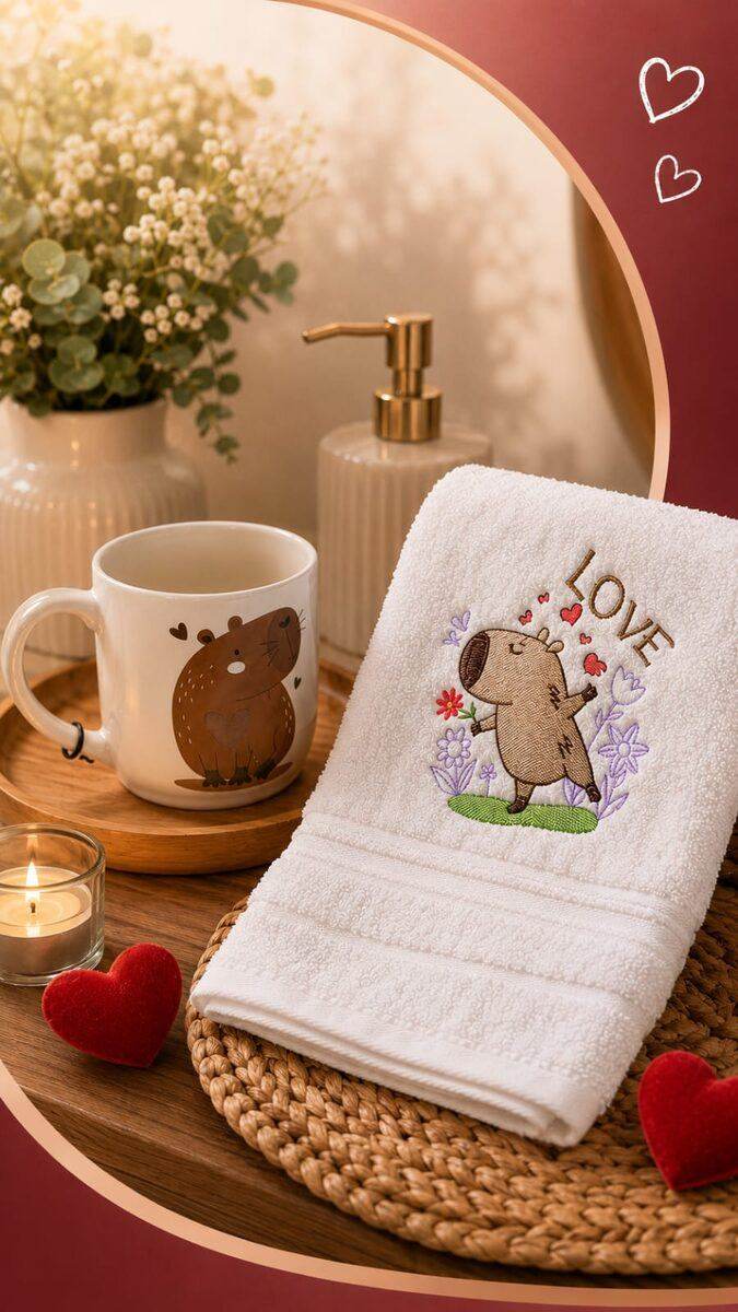 Conjunto de banheiro com caneca e toalha bordada de capivara