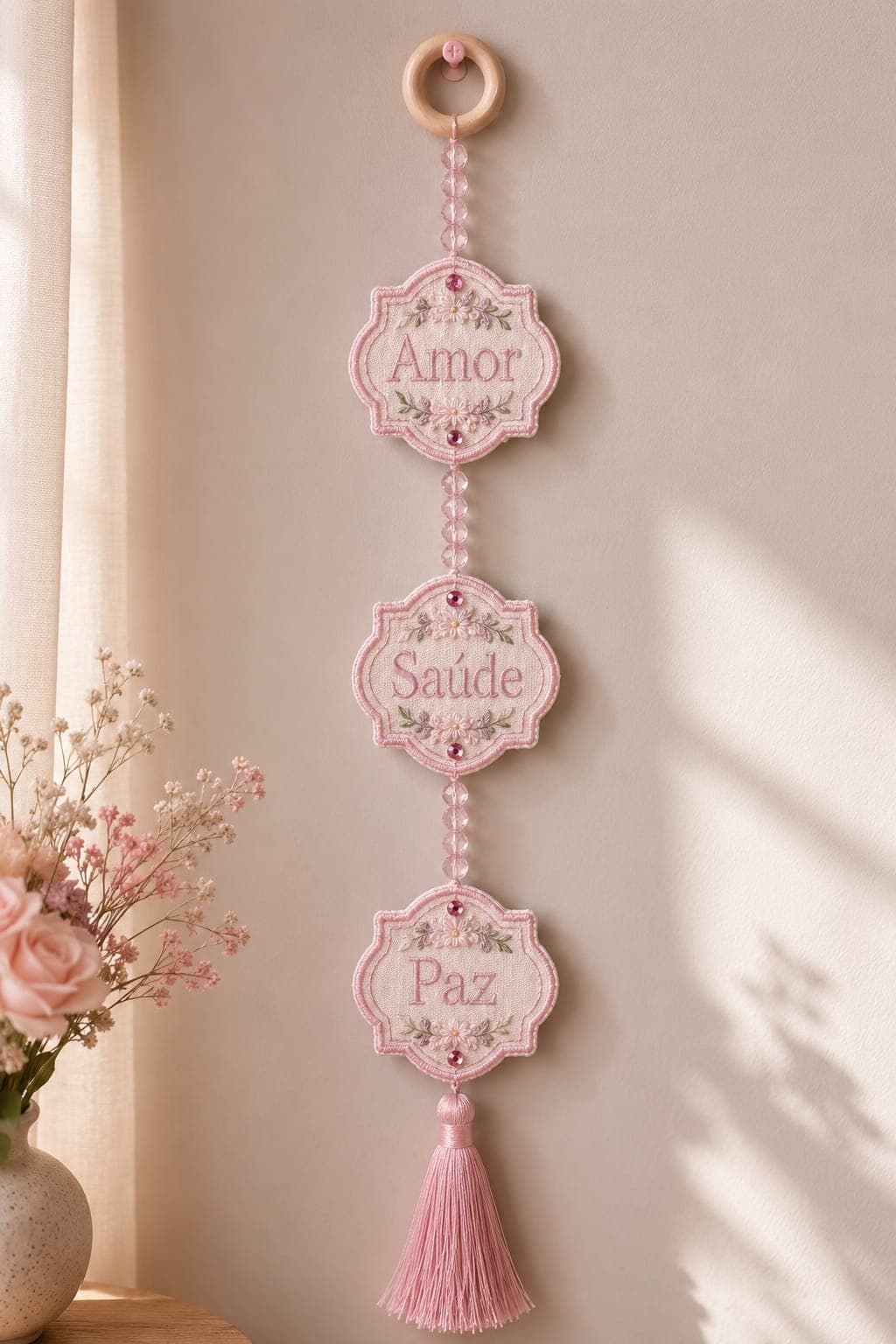 Pingente decorativo bordado Amor Saúde e Paz em tons de rosa