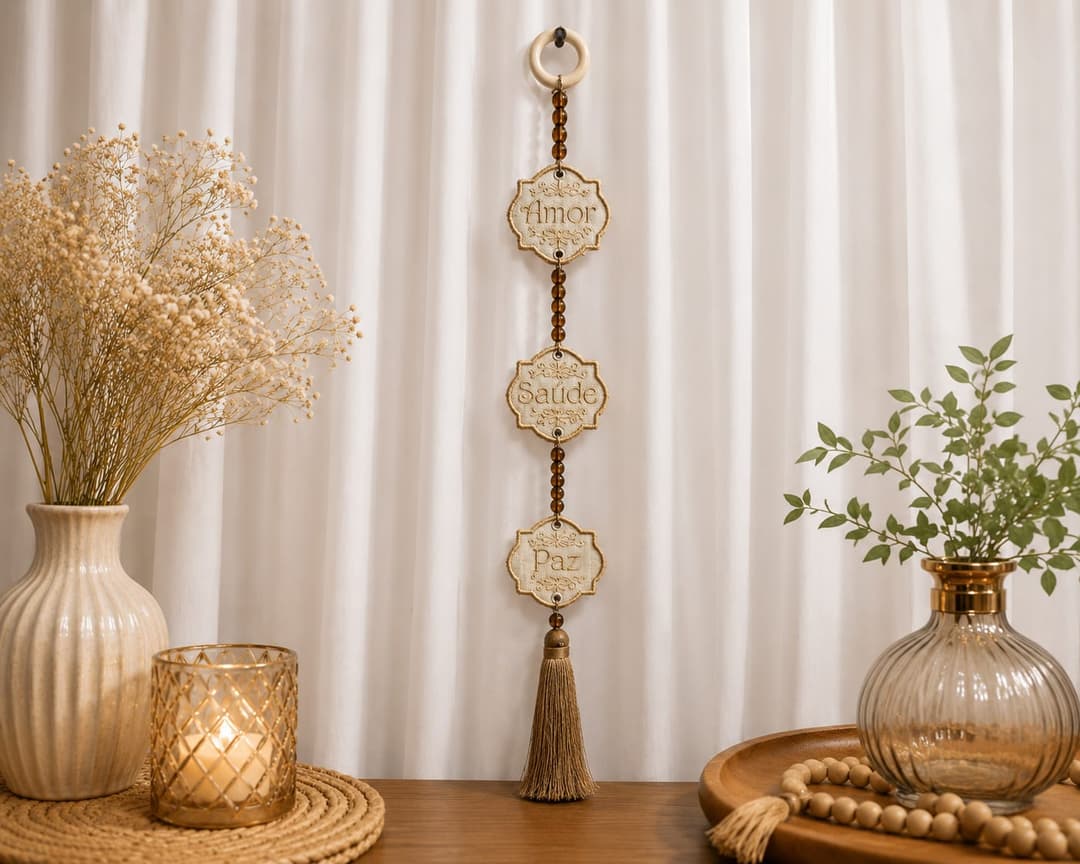 Pingente decorativo bordado Amor Saúde e Paz em dourado natural