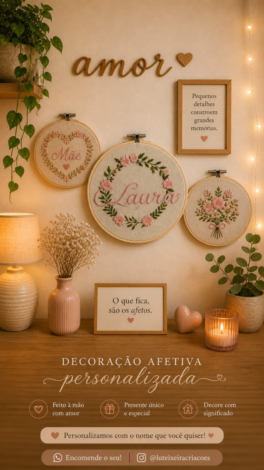 Bastidores bordados personalizados com nomes na parede decoração afetiva