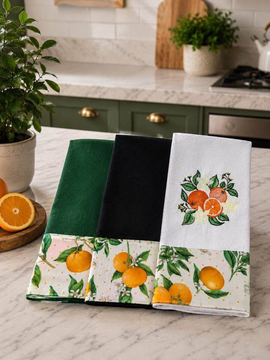 Kit panos de prato verde estampa laranjas