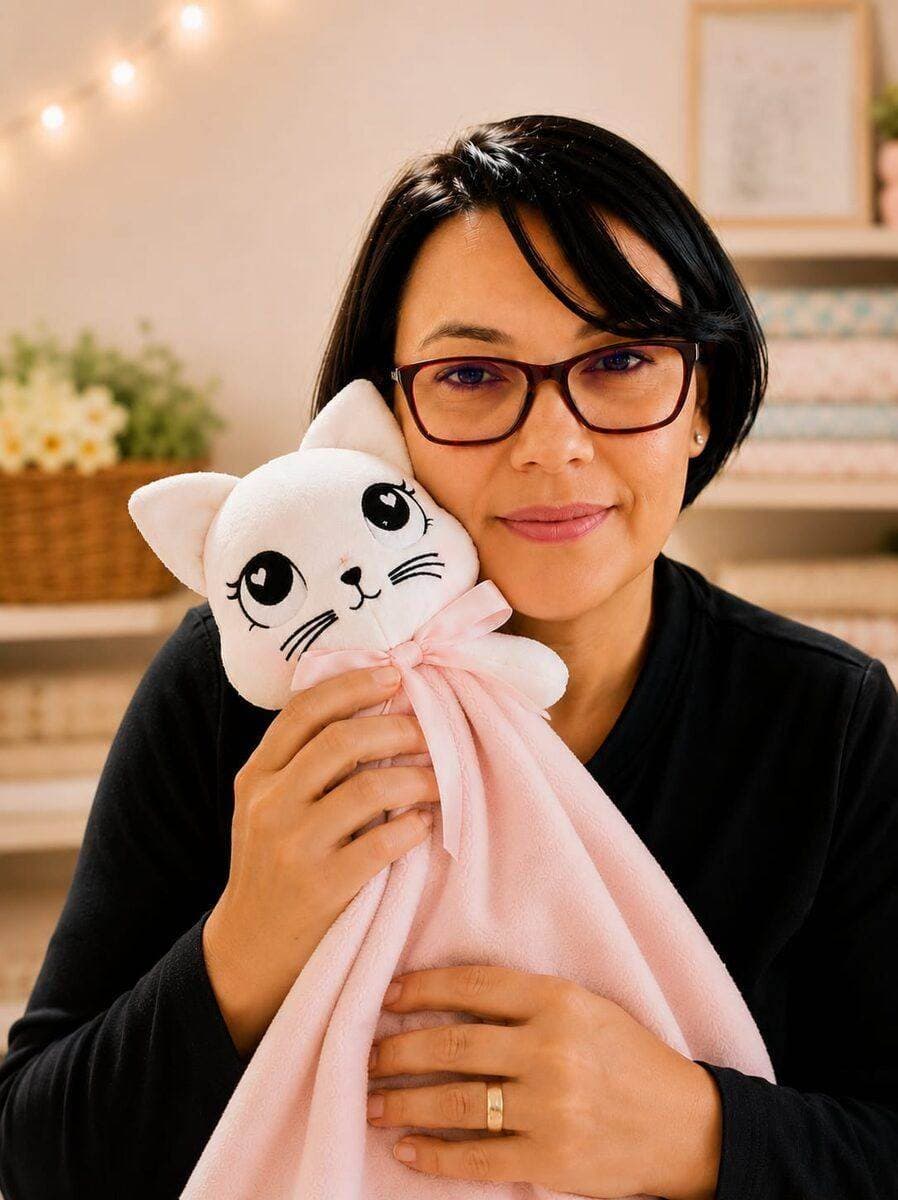 Lu Teixeira segurando uma naninha de gatinho artesanal feita à mão