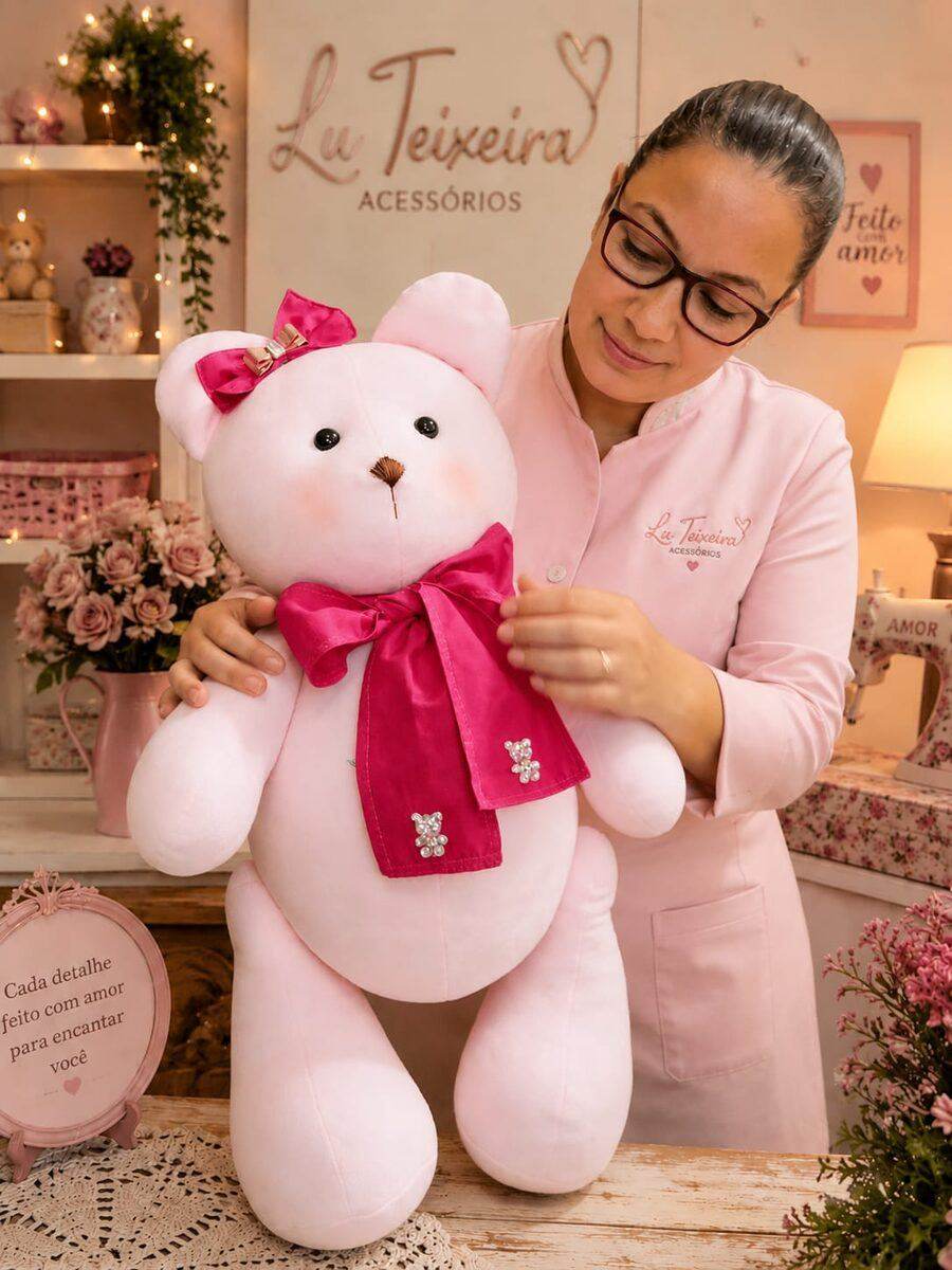 Lu Teixeira segurando ursinho de pelúcia gigante rosa