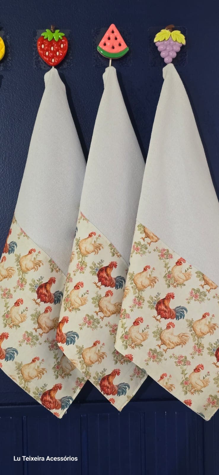 Kit 3 panos de prato estampa galinha caipira e flores
