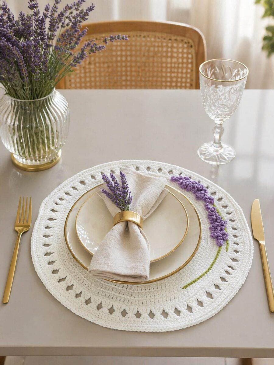 Mesa posta com toalha bordada de lavanda