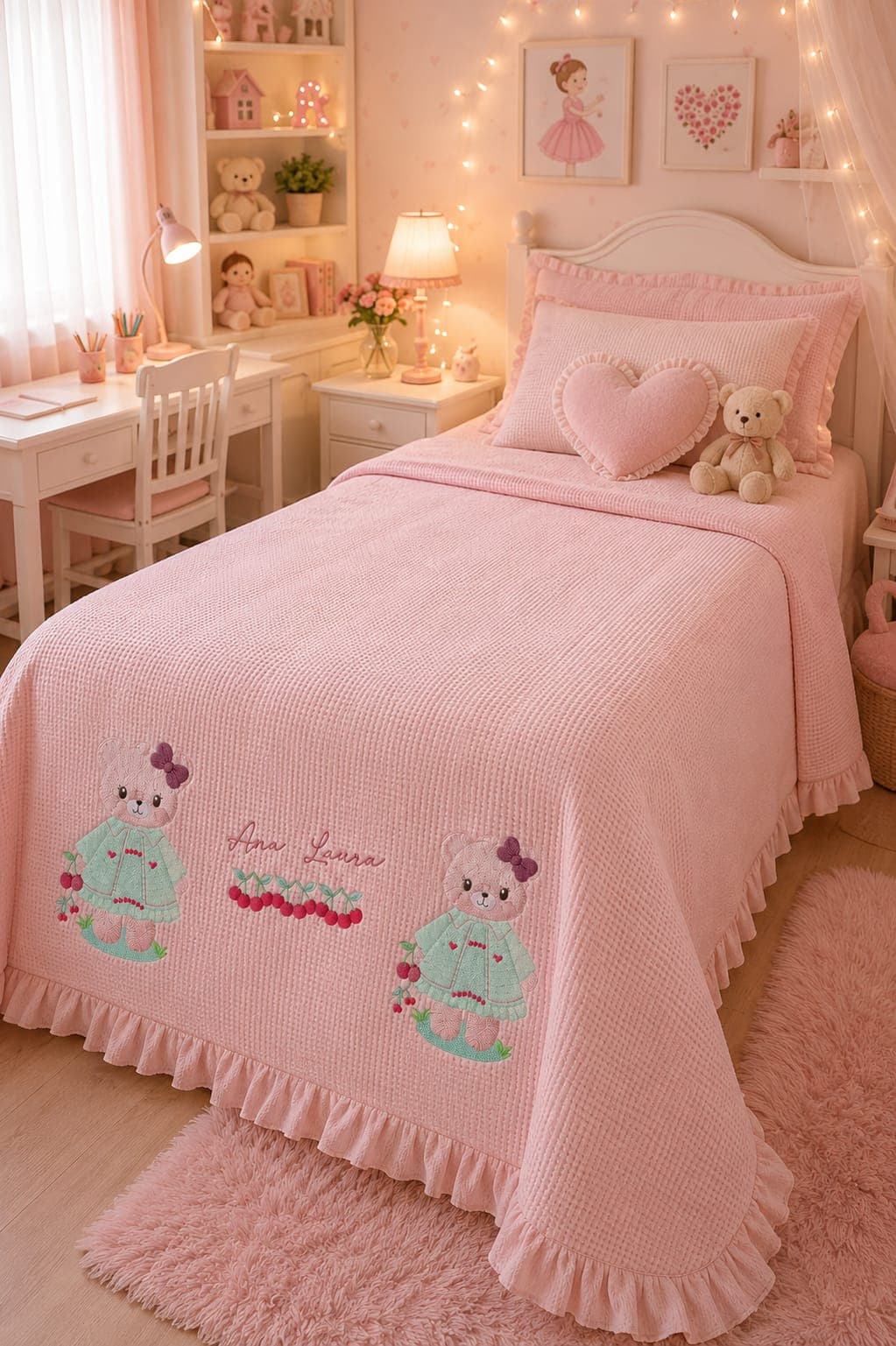 Colcha matelassê rosa bordada personalizada com nome e ursinhos em quarto infantil