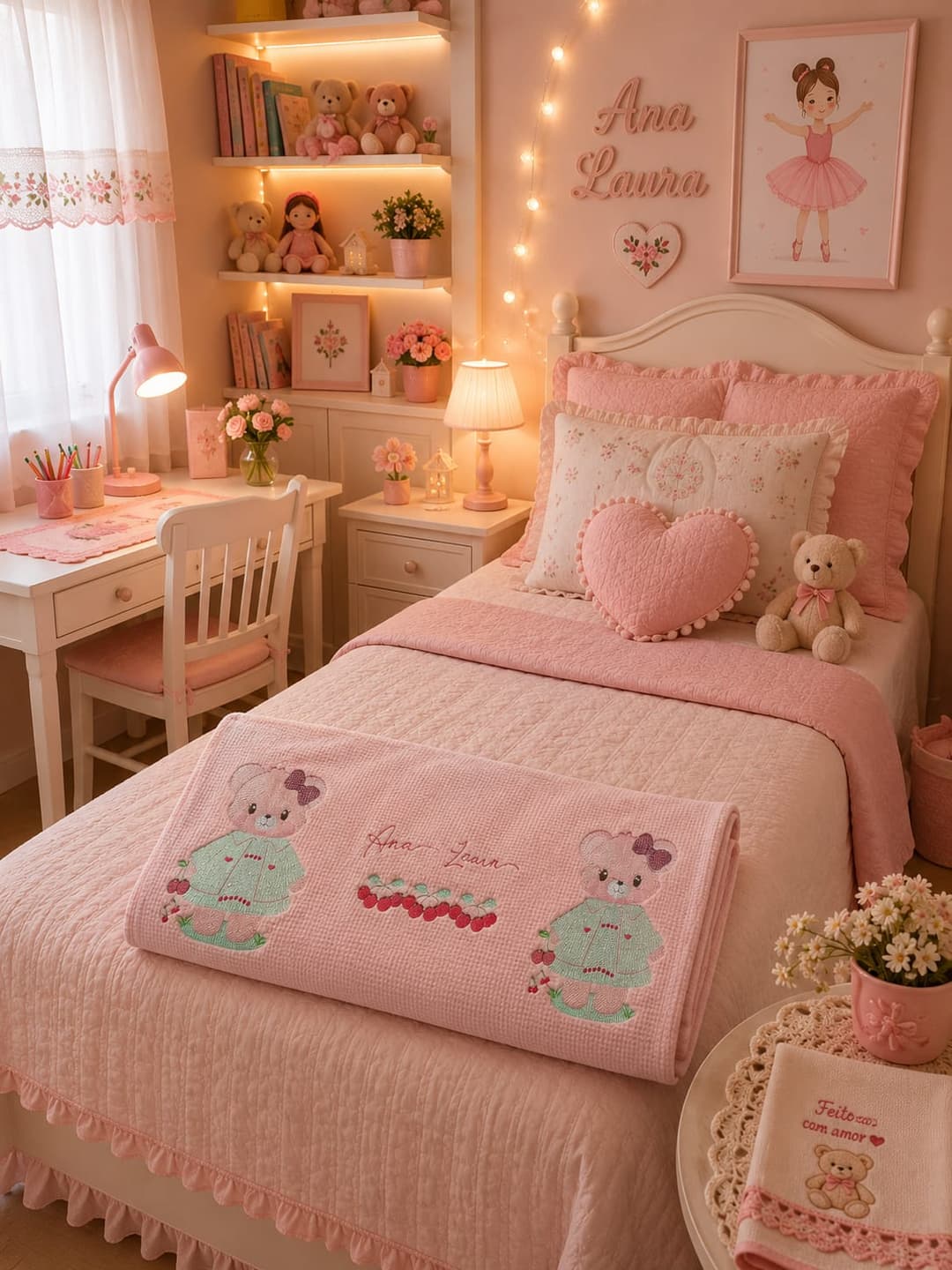 Colcha infantil bordada personalizada em quarto decorado completo