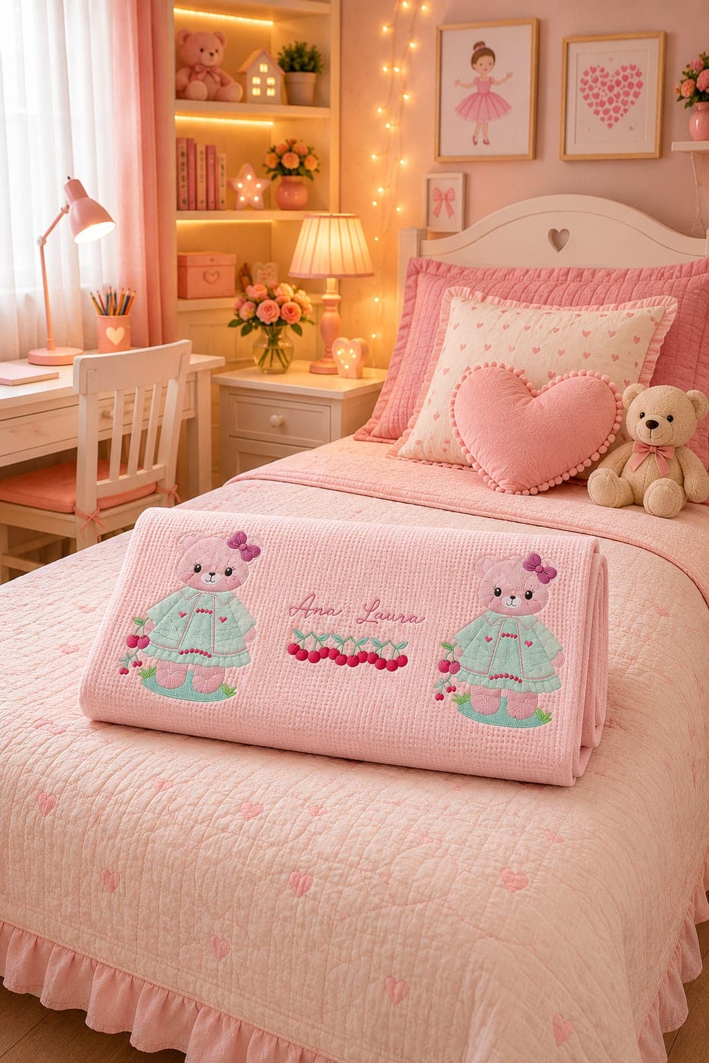 Colcha infantil rosa bordada dobrada com ursinhos e nome