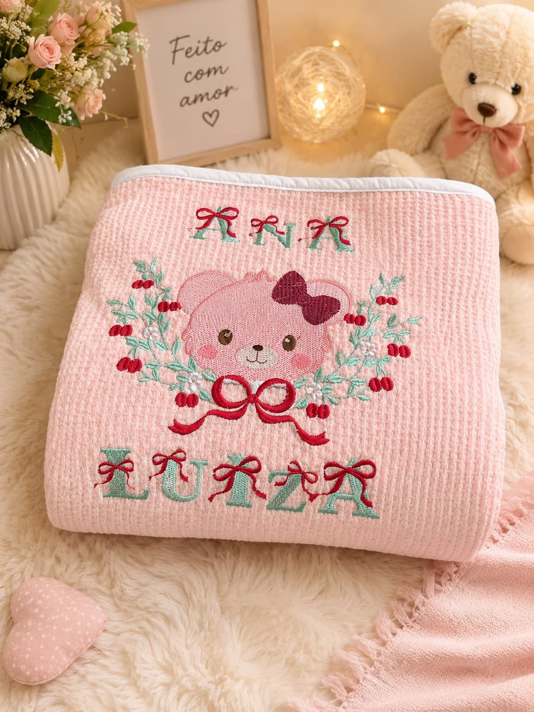 Manta rosa bordada com carinha de ursinho e nome personalizado