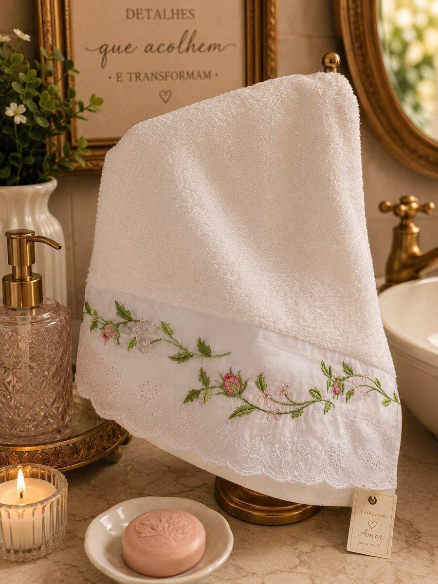 Toalha de lavabo bege com bordado floral